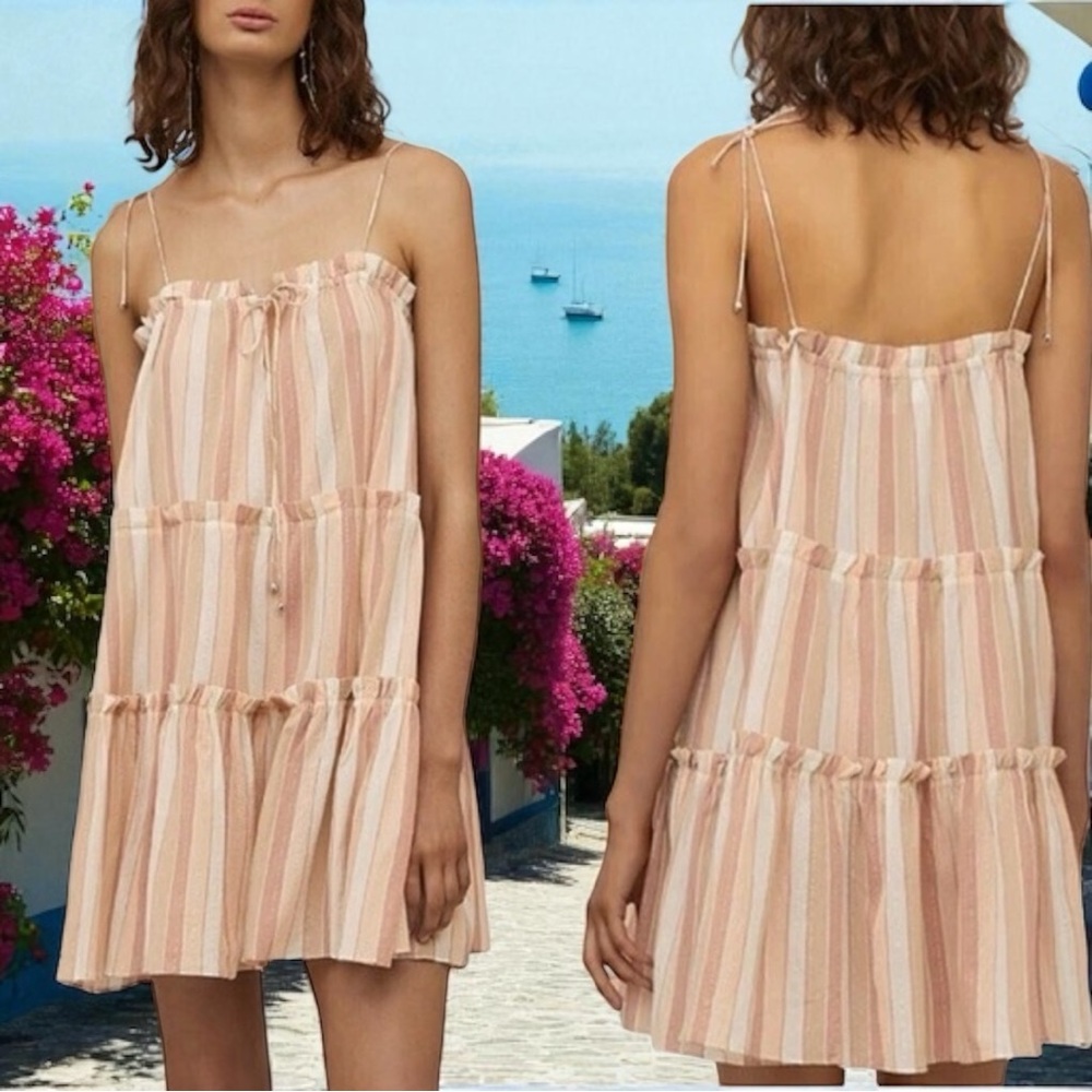 STEELE Sanzio Toffee Stripe‎ Mini Ruffle  Sleeveless Dress Size S Summer Travel